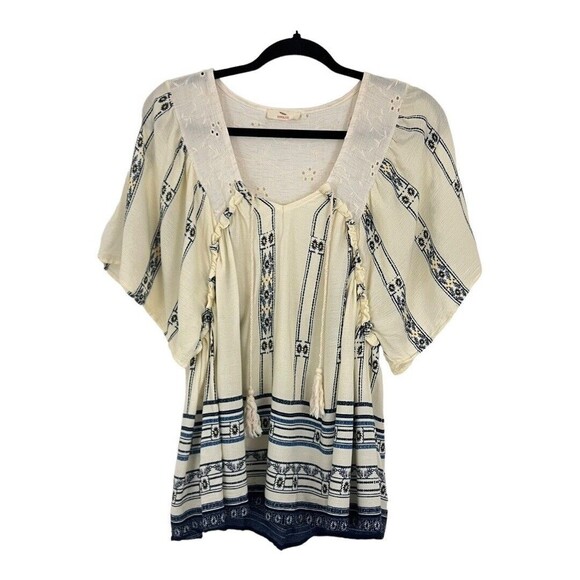 Hummingbird Brand Size Small Hippie Boho Chic White Blue Top - Picture 1 of 4